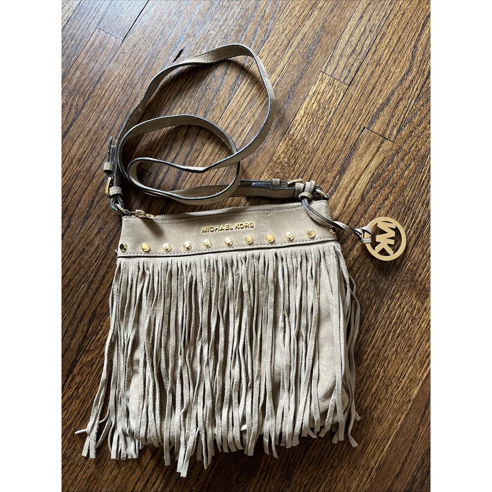 Michael Kors Purse Dark Dune Suede Fringe & Studs Crossbody Shoulder Bag
